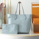 Haze Blue Full Leather Embossed Shopping Bag Series Neverfull Medium Handbag