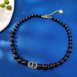 DIOR Smooth CD Logo Size Black Pearl to Pearl Gold Bead Necklace
