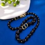 DIOR Smooth CD Logo Size Black Pearl to Pearl Gold Bead Necklace - Image 4