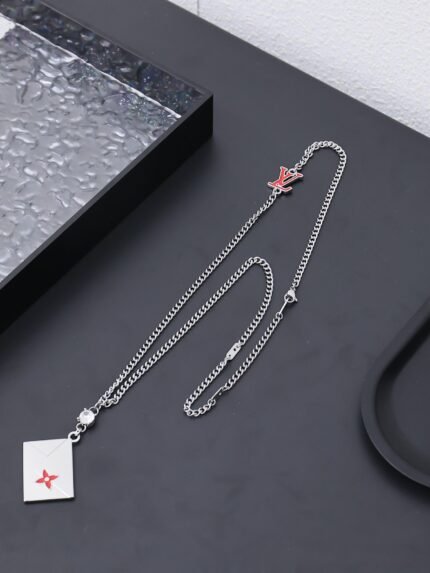Louis Vuitton Silver Envelope Enamel Flower Pendant Chain Necklace