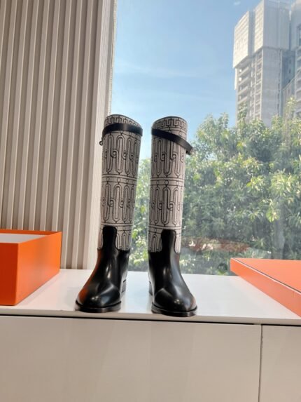 Hermes latest canvas patchwork thigh-high boots Knight boots